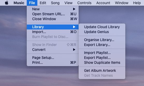 clicking File > Library in Music bringing up the Show Duplicate Items option