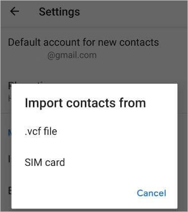 select the .vcf file option to import contacts from a vCard
