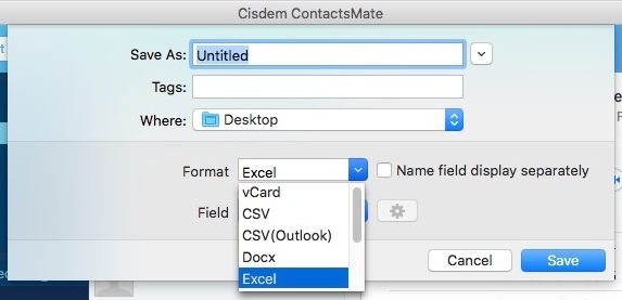 convert VCF to Excel by selecting Excel in the Format drop-down menu