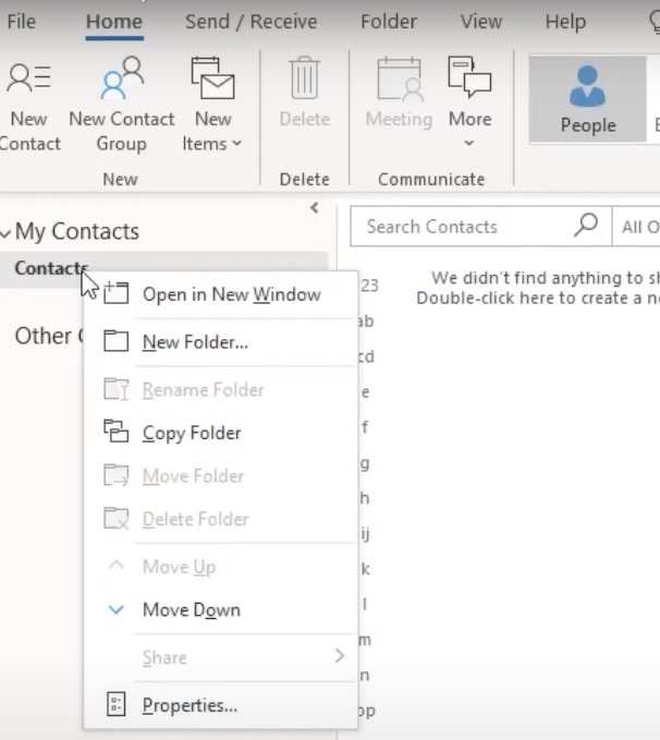 create a new contacts folder on Outlook