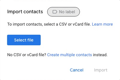the Import contacts dialog, with a Select file button and an Import button
