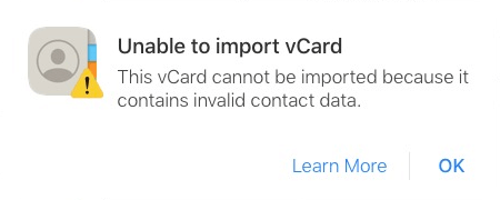 the Unable to import vCard error message, with a Learn More button and an OK button