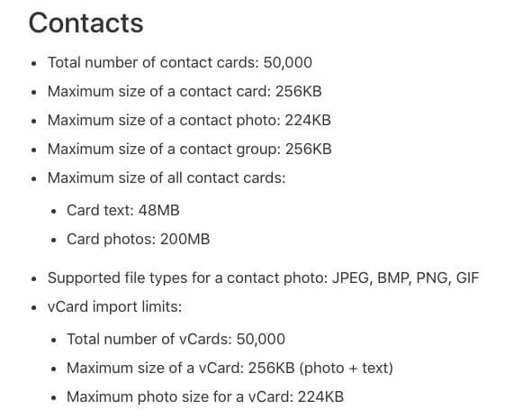 list of limits for iCloud Contacts
