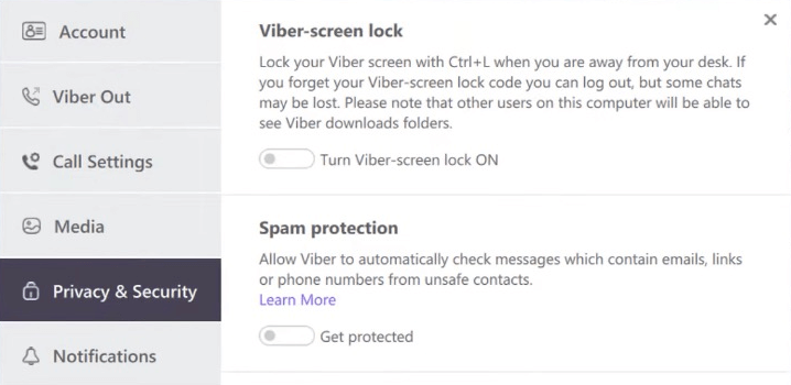 the Privacy & Security tab displaying the Turn Viber-screen lock ON switch
