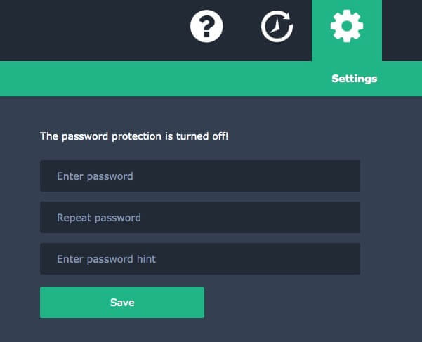 Settings shows an Enter password field and Repeat password field
