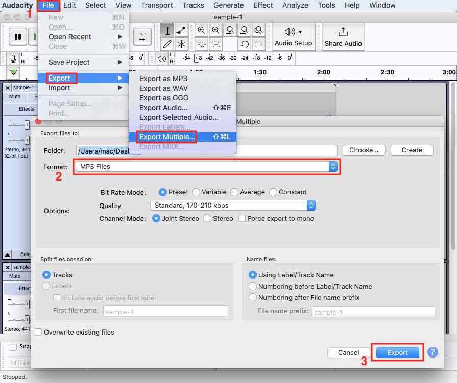 batch convert m4a files to mp3 for free on Mac with audacity
