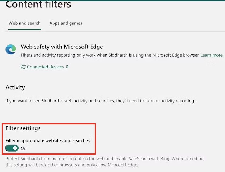 Microsoft Family Safety filter settings