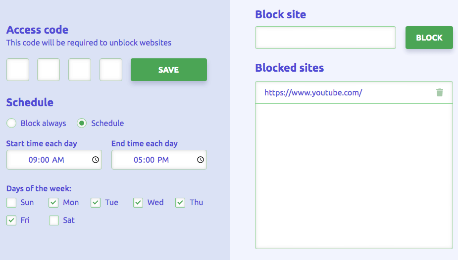 the settings of Block Site Ex