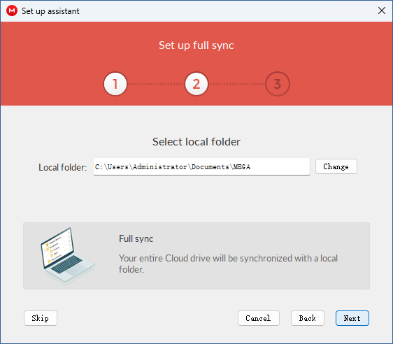 the Set up assistant window showing the Select local folder section