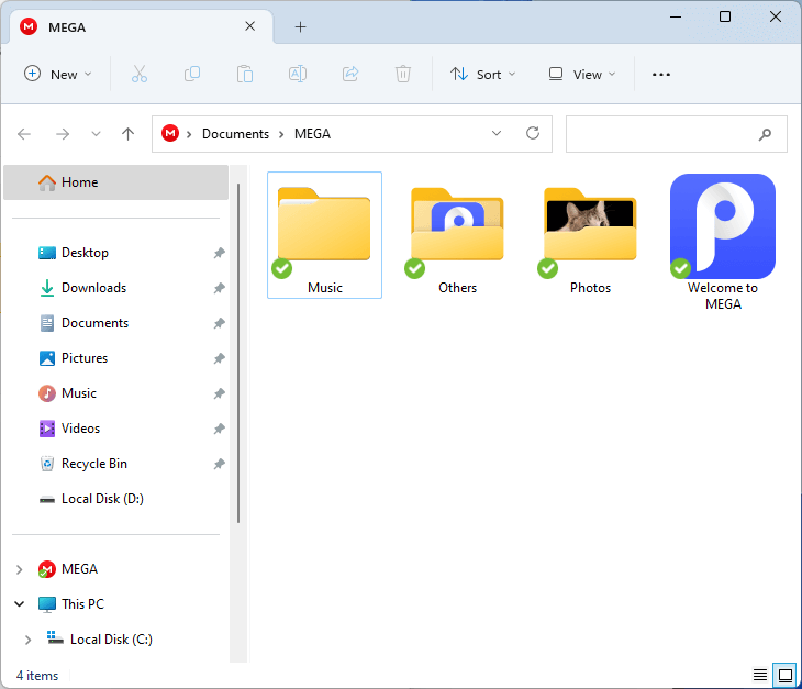 the MEGA local folder opened in File Explorer