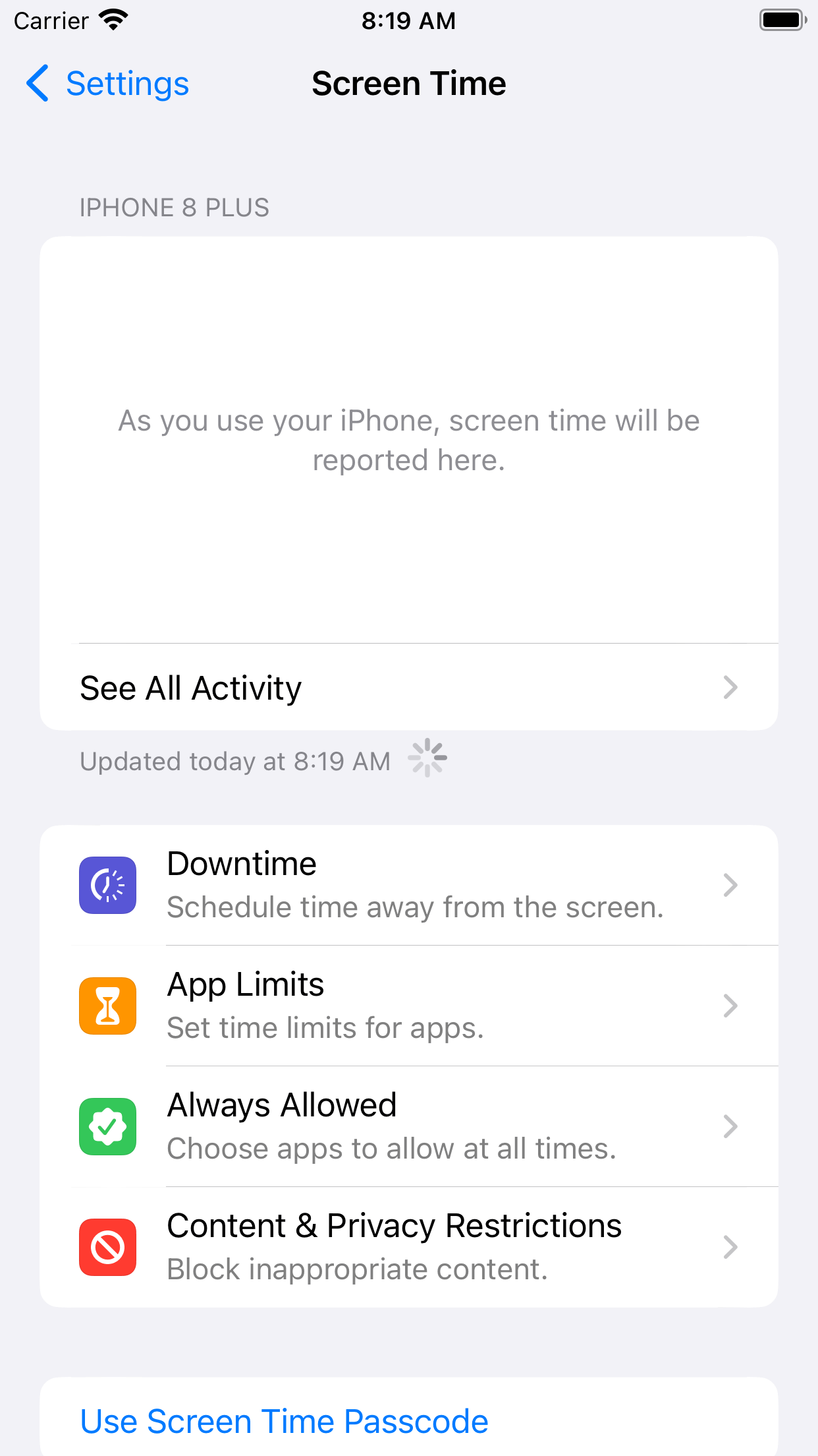 main screen of Screen Time showing App Limits, Downtime and more