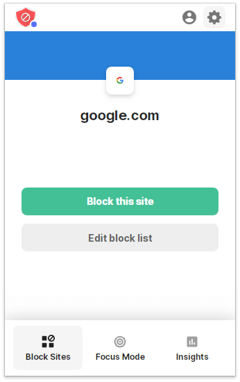 the BlockSite interface showing a settings icon among other things