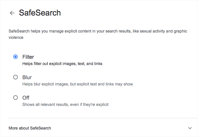 the SafeSearch page showing the Filter is chosen