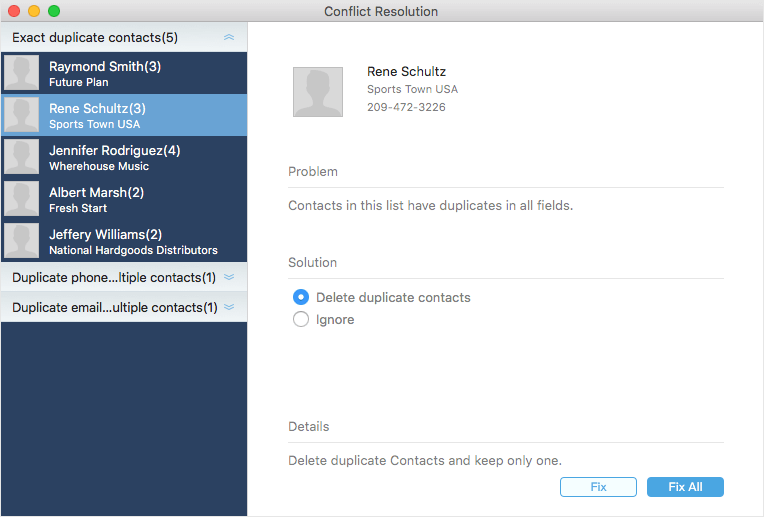 the sidebar of the Conflict Resolution window showing the Exact duplicate contacts category and two other categories