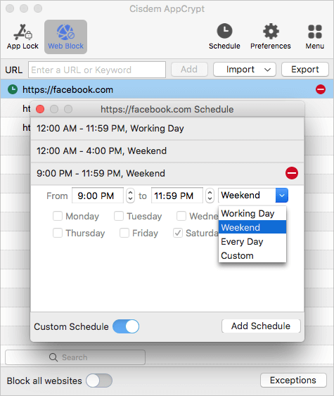 the Custom Schedule dialog showing three schedules for blocking facebook.com