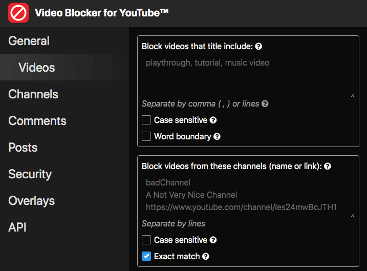 Videos Options showing the Block videos that title include section, the Block videos from these channels section, and more