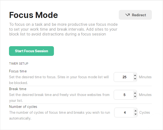 the Focus Mode showing a Timer Setup section, allowing users to set the focus time and break time