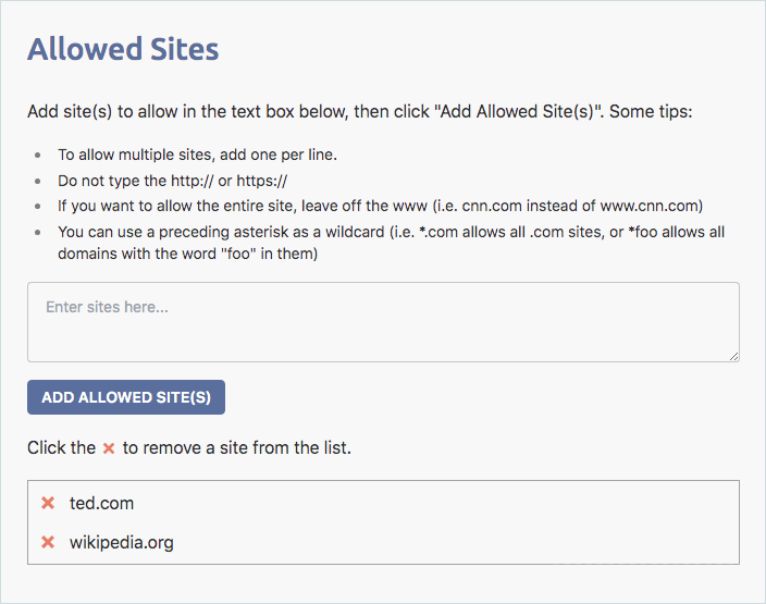 the Allowed Sites tab