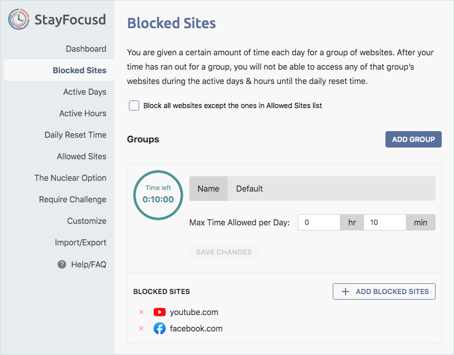 the option page of StayFocusd showing several tabs in the sidebar on the left and the Blocked Sites tab is being chosen