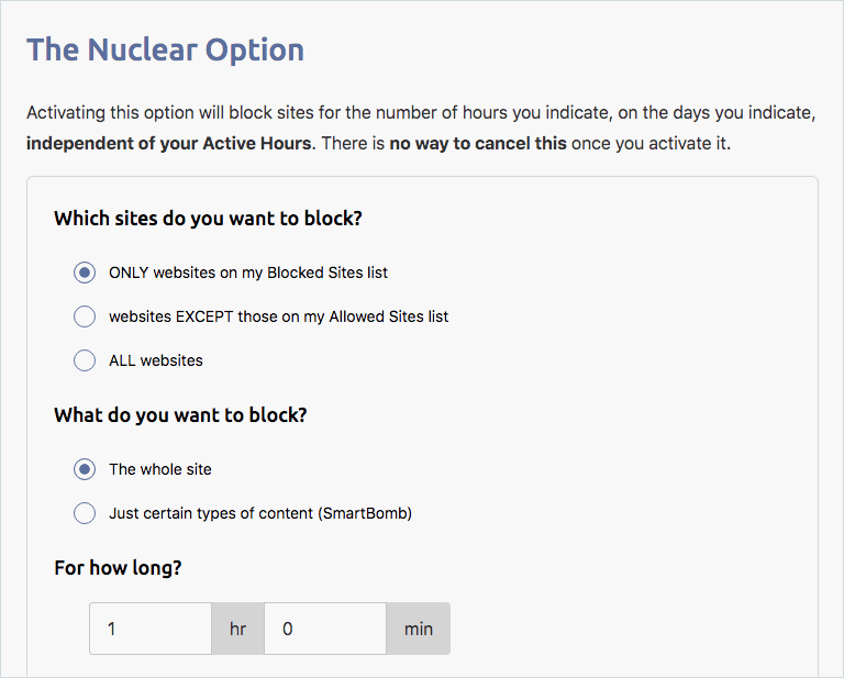 the Nuclear option settings