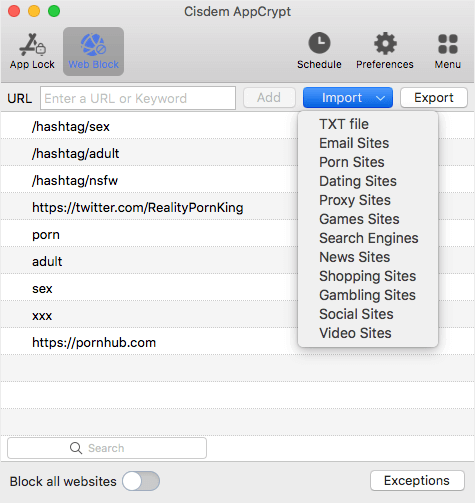 the Web Block tab showing a URL field and an Add button and that several porn related hashtags, search terms and profiles are on the block list