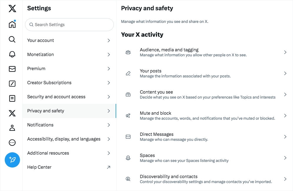 the Privacy and safety page showing Content you see, Mute and block, and  a few other settings