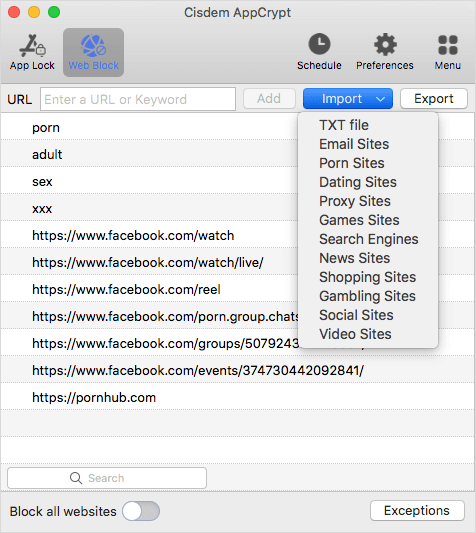 the Web Block tab showing a URL field and an Add button and that several porn related search words, profiles and groups on Facebook are on the block list