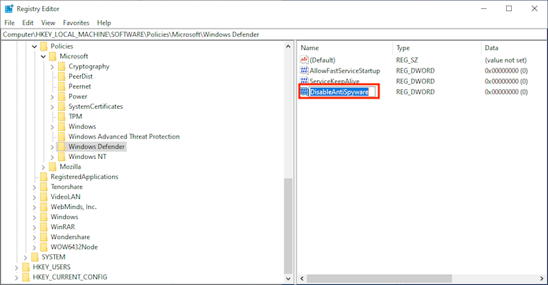 disable wd in registry editor 03