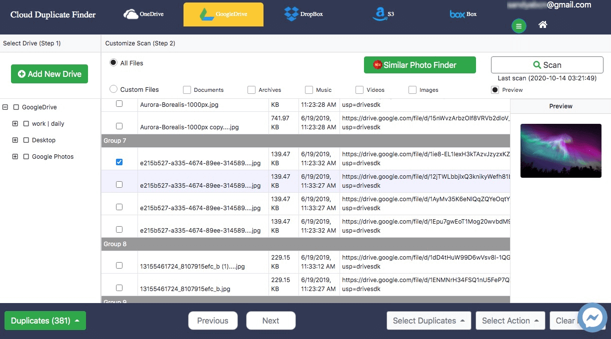 Cloud Duplicate Finder displaying the duplicate files that it finds