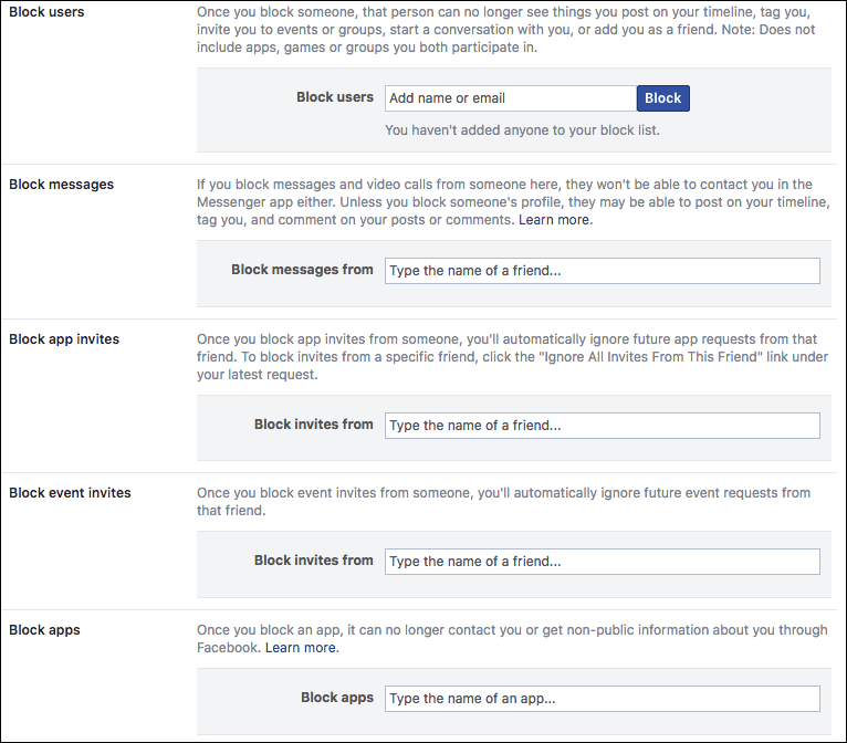 Facebook blocking settings