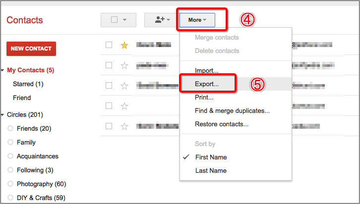 Export Google Contacts with Google App Three