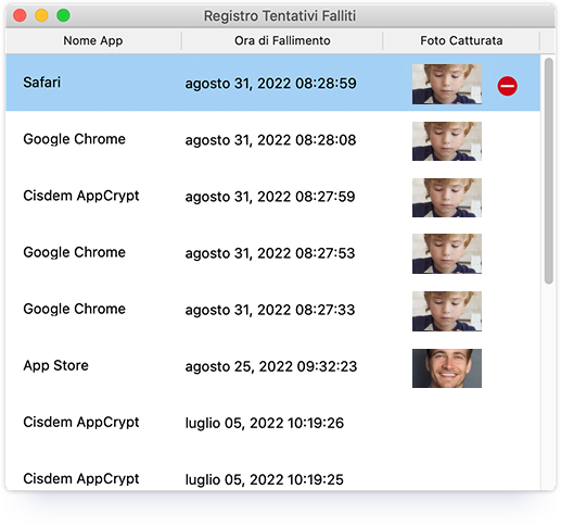 uno screenshot di un record di un tentativo fallito di aprire un'app bloccata