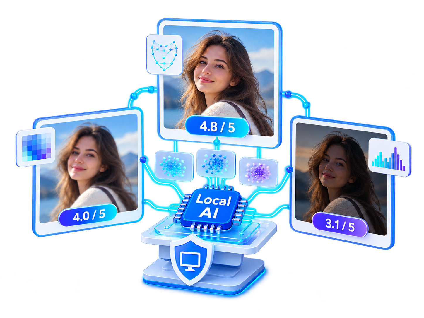 Technical illustration of local AI photo analysis and quality scores on a scale of zero to five