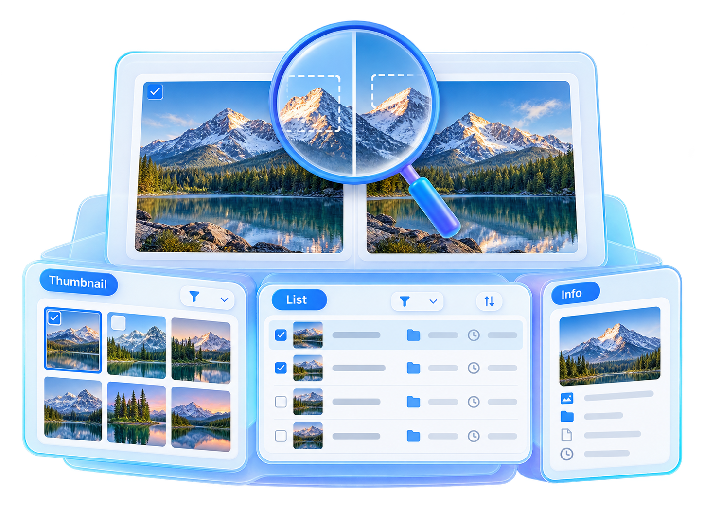 Technical illustration of Thumbnail, List and Info preview modes with side-by-side photo comparison