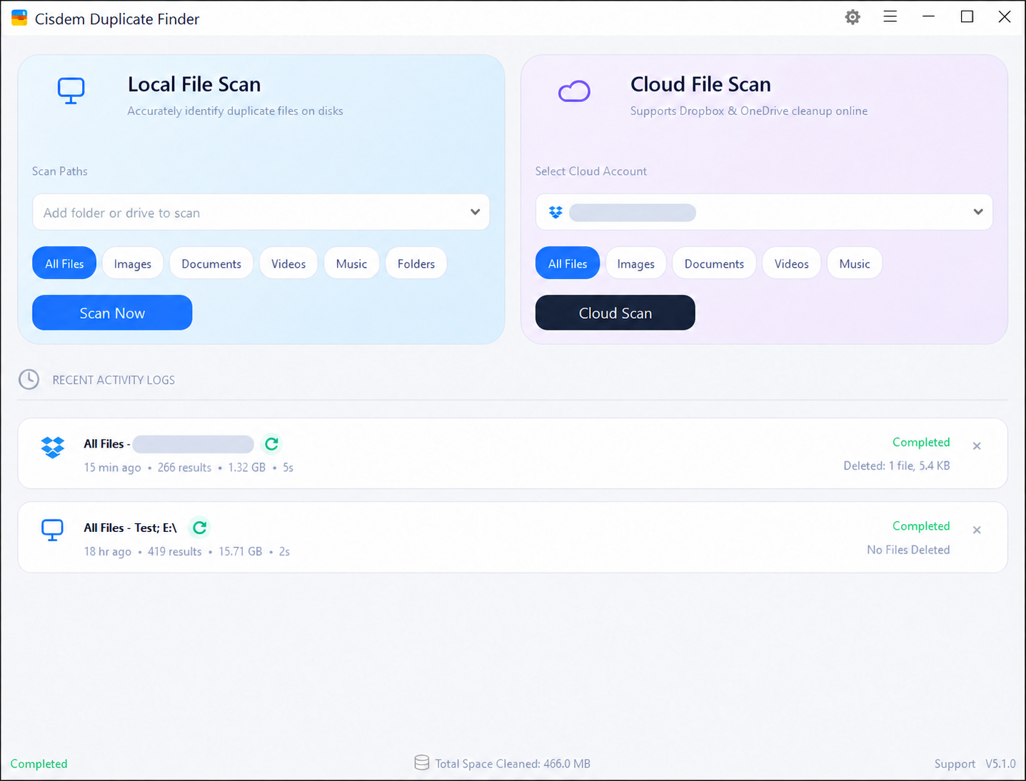 Cisdem Cloud File Scan with a connected Dropbox account and the Cloud Scan button