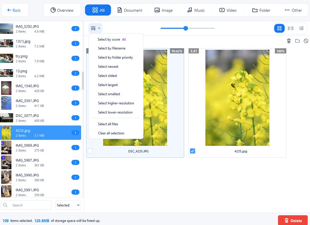 Dropbox duplicate photo results with one copy selected and the selection rules menu open