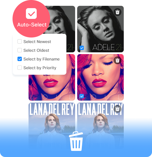 an image showing three sets of duplicate songs, with one song in each set automatically selected for removal