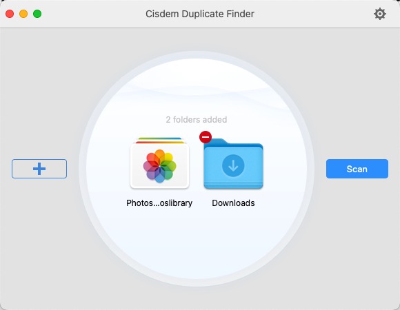 Cisdem Duplicate Finder with the Apple Photos Library and a Downloads folder added, ready to scan