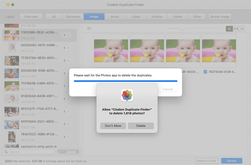 Cisdem Duplicate Finder asking the Photos app to delete the selected duplicate photos