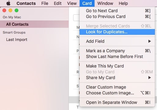 the Card menu provides the Look for Duplicates option