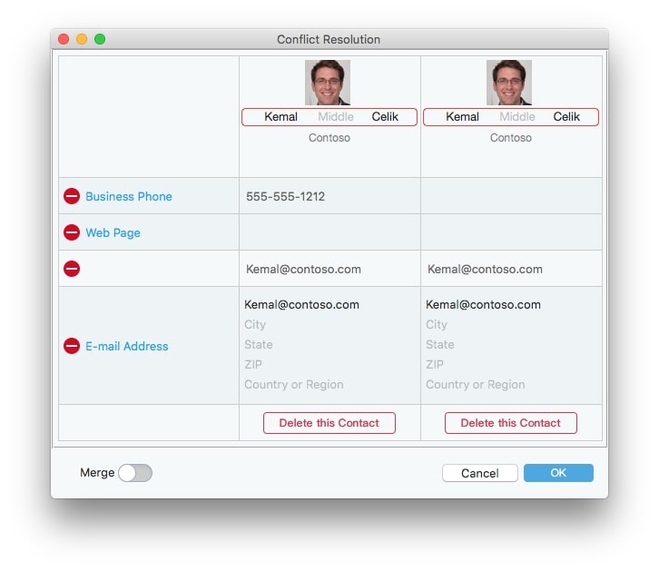 clicking Fix brings options to merge or delete duplicate contacts