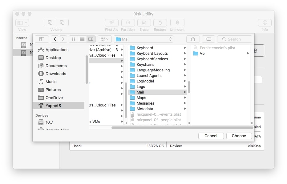 a screenshot of the Mail folder being selected