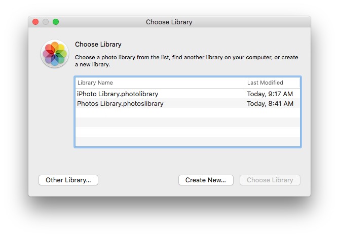 the Choose Library dialog showing the iPhoto library