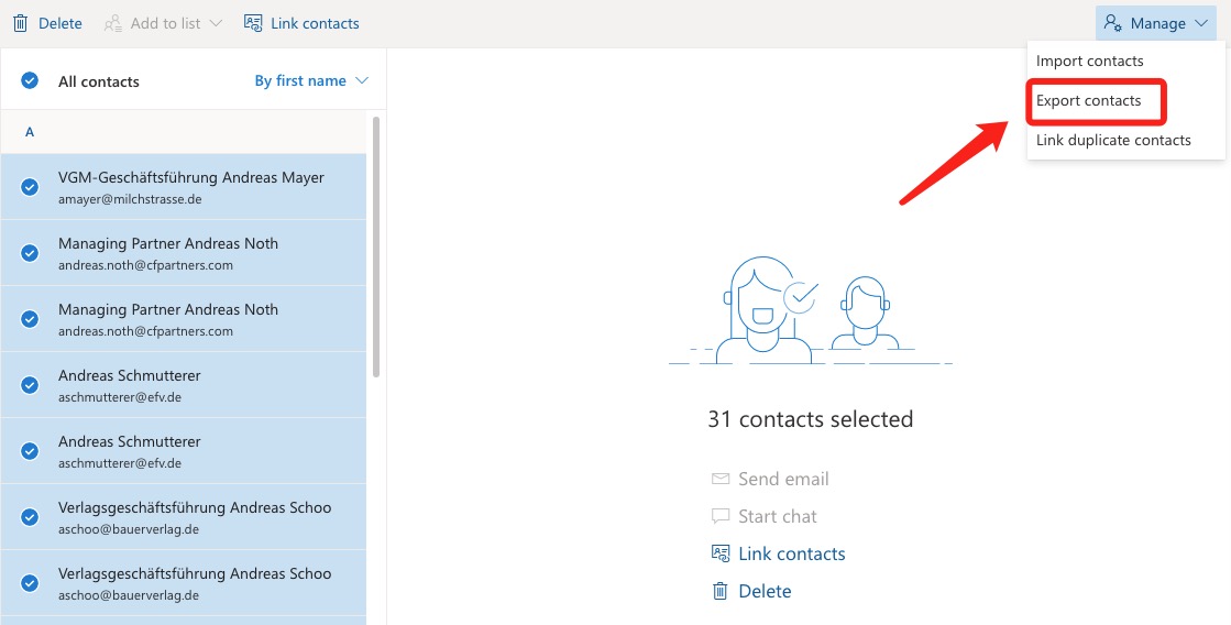 clicking Manage contacts brings up the Export contacts option