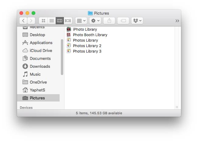 a screenshot of the Pictures folder with Photos library located in it