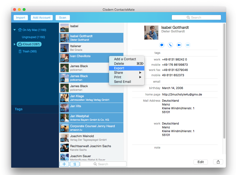 several iCloud contacts are selected for export