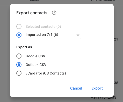 the Export as section displaying the Google CSV option and the Outlook CSV option