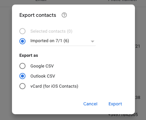 vCard (for iOS Contacts) is selected