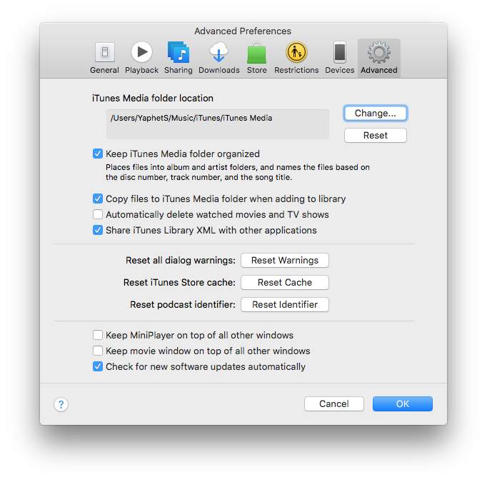 the Advanced tab in iTunes for Mac's Preferences