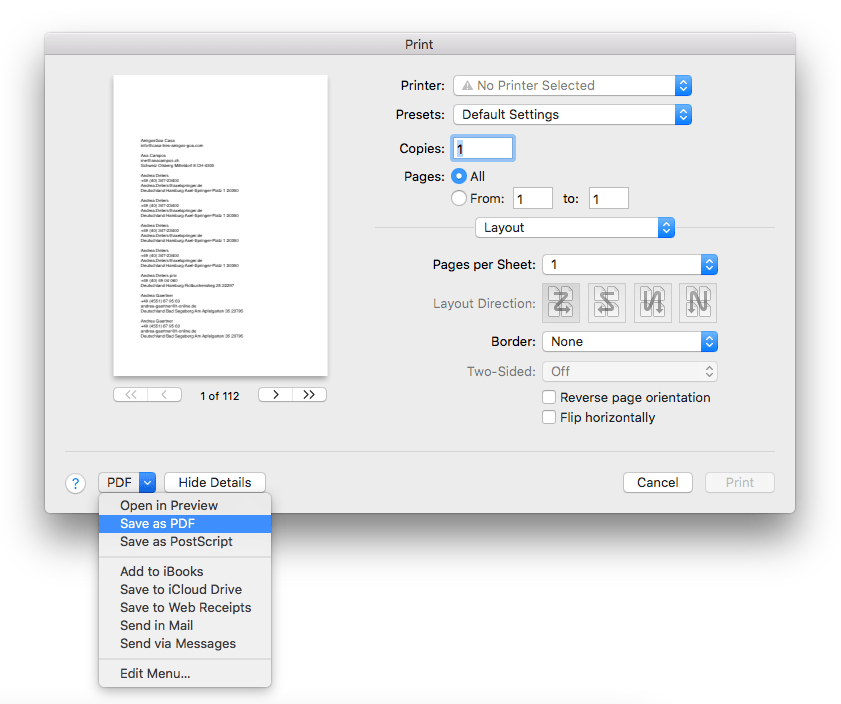 can you print iphone contacts list